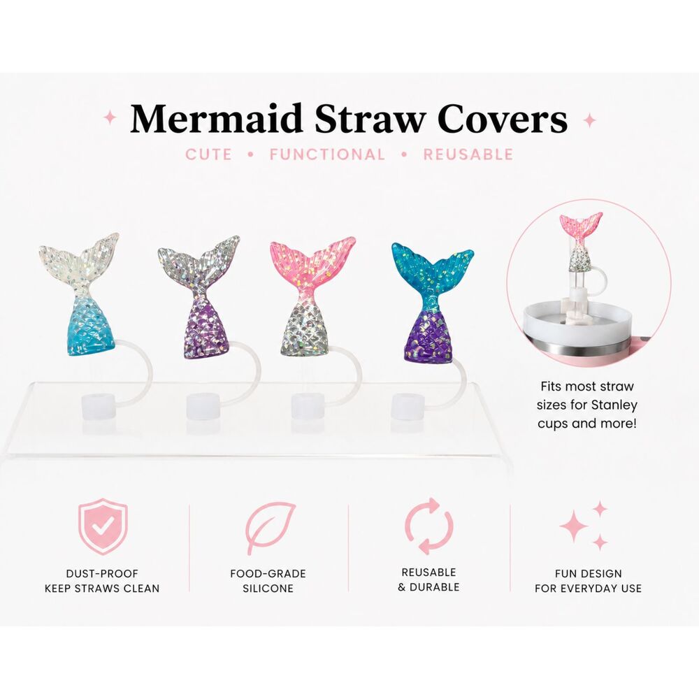 Mermaid Tail Straw Covers Set of 4 GlitterTopper Tumbler Reusable Straw - Picture 3 of 4